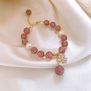 Strawberry Quartz Bracelet, Cute Natural Pearl Bracelet